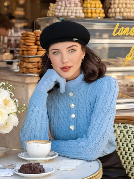 Women\'s French Wool Hats Fashion Solid Color Ladies Beret Caps Black main image 6